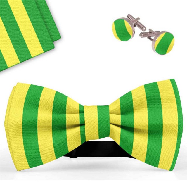 Set papion barbati, batista, butoni, verde-galben, dungi late verticale